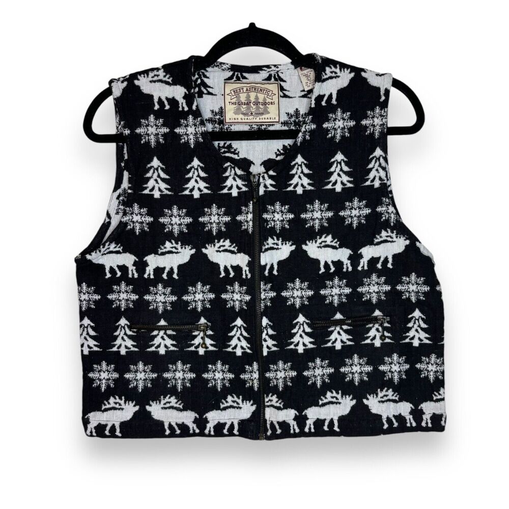 VTG Best Authentic Vest Black Large Moose Snowflake Full Zip Winter White Crop